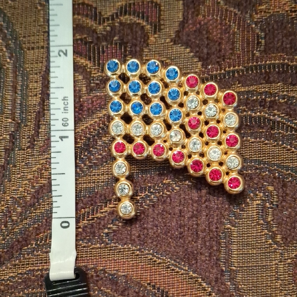 Gold Plated Flag Brooch with Red, Blue, and White Crystals